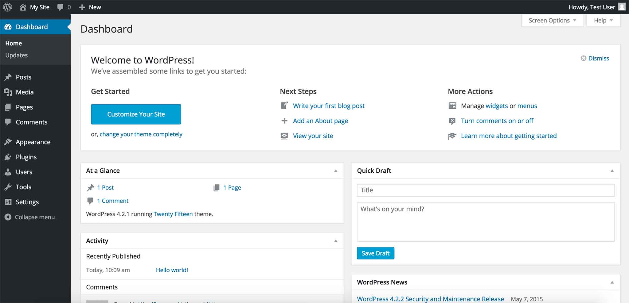 Example of WordPress Dashboard after installation